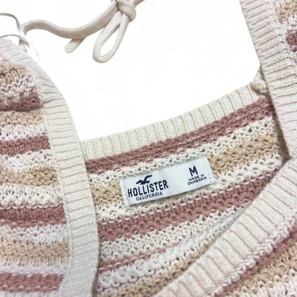 Hollister Crochet Sweater Striped Long‎ Sleeve Top Sz M Cropped Open Back Preppy